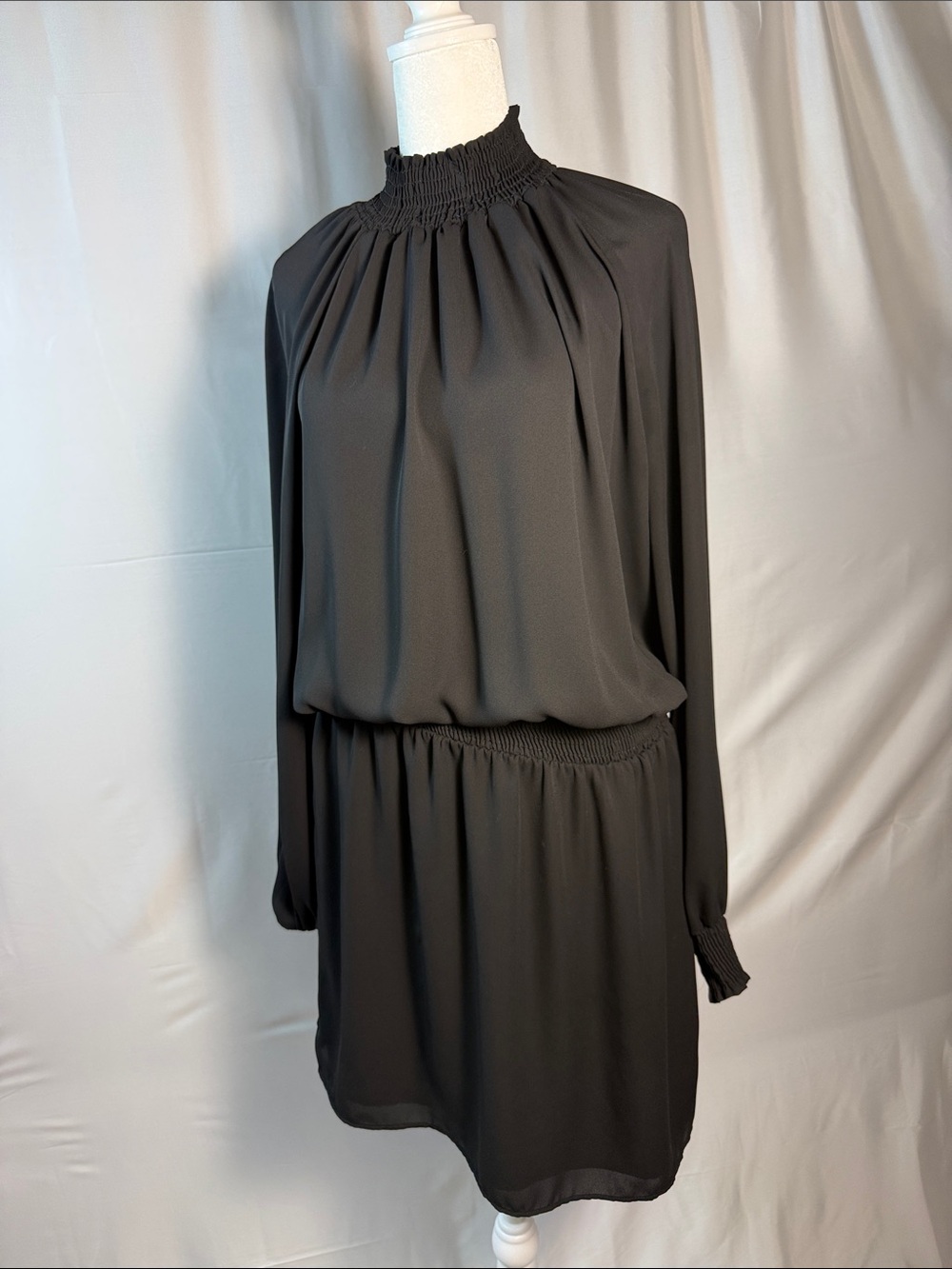 Smocked-Neck Long Sleeve Black Dress